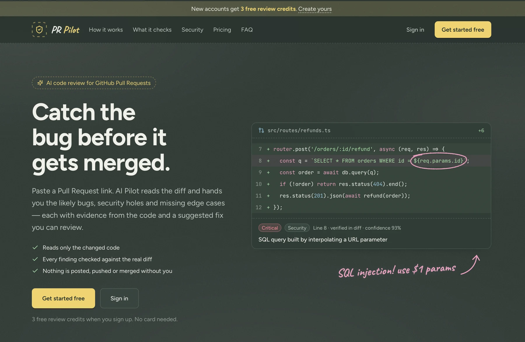 PR Pilot home page: a code diff with a SQL injection finding circled and explained